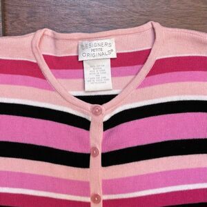 Vtg Designers Originals Women's PM Spring Pink Stripe Cardigan Cotton PETITE